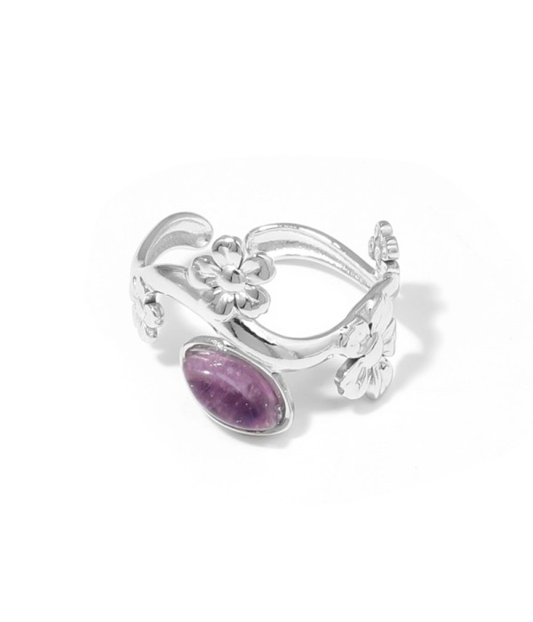 Anillo plateado de flores con piedra
