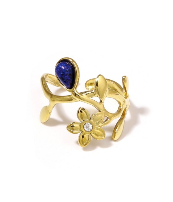 Anillo dorado de flores y hojas con piedra