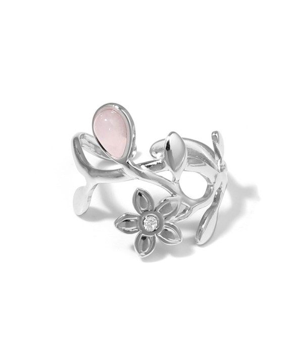 Anillo plateado de flores y hojas con piedra