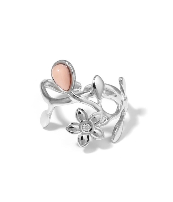 Anillo plateado de flores y hojas con piedra