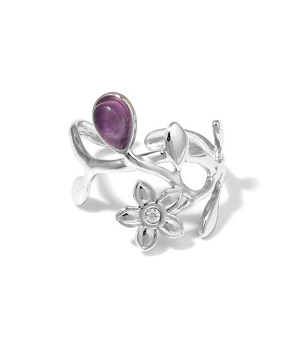 Anillo plateado de flores y hojas con piedra