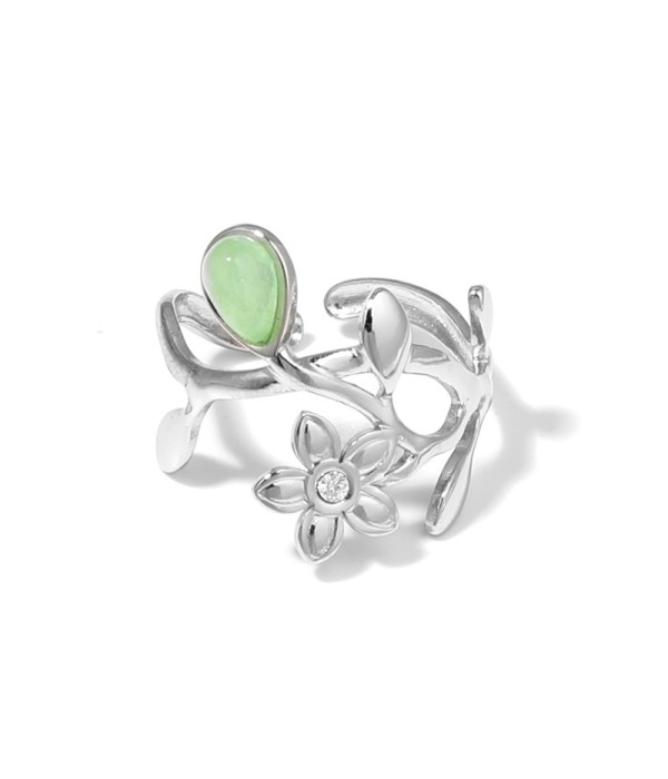 Anillo plateado de flores y hojas con piedra 2