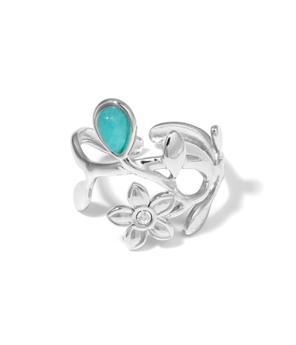 Anillo plateado de flores y hojas con piedra