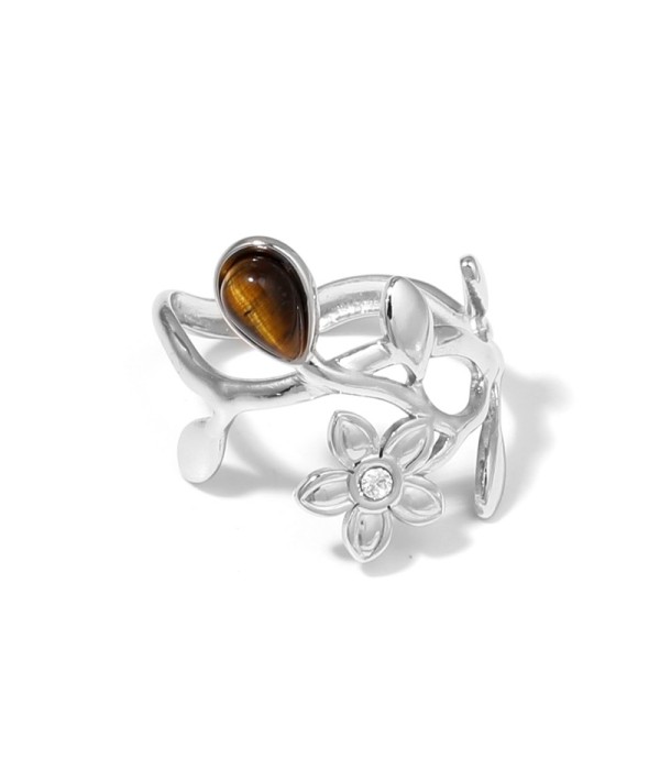 Anillo plateado de flores y hojas con piedra