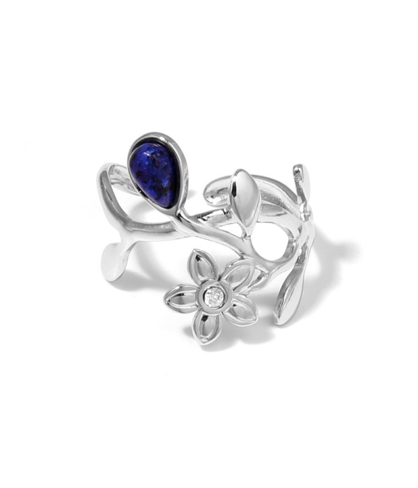 Anillo plateado de flores y hojas con piedra