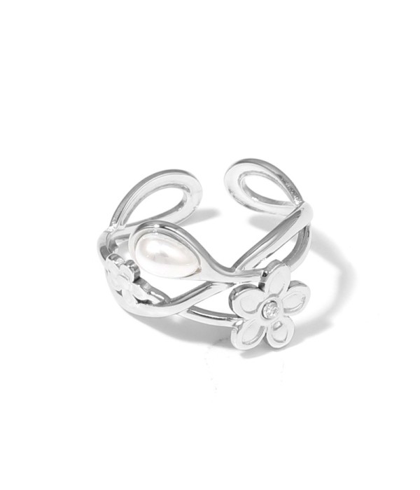 Anillo plateado de flores con piedra