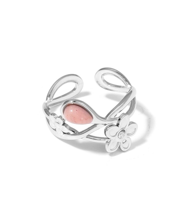 Anillo plateado de flores con piedra