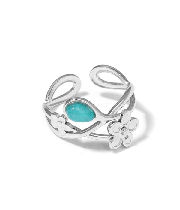 Anillo plateado de flores con piedra
