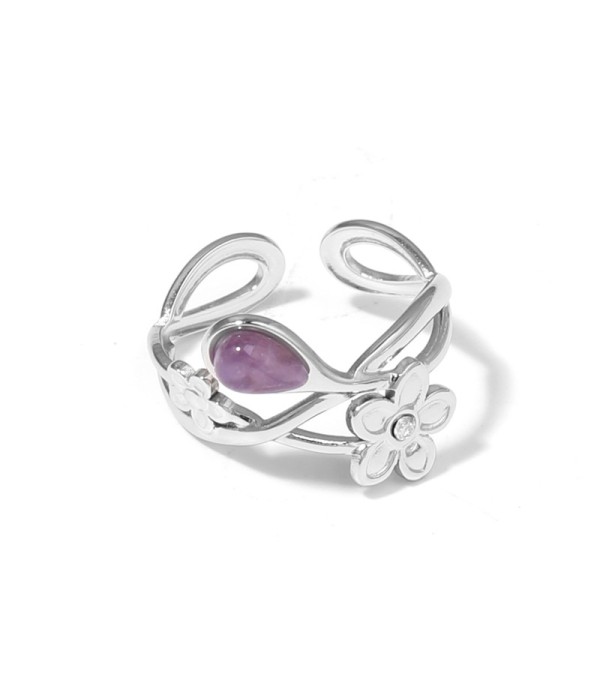 Anillo plateado de flores con piedra