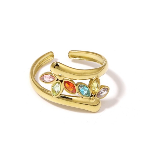 Anillo dorado de hojas con circonitas