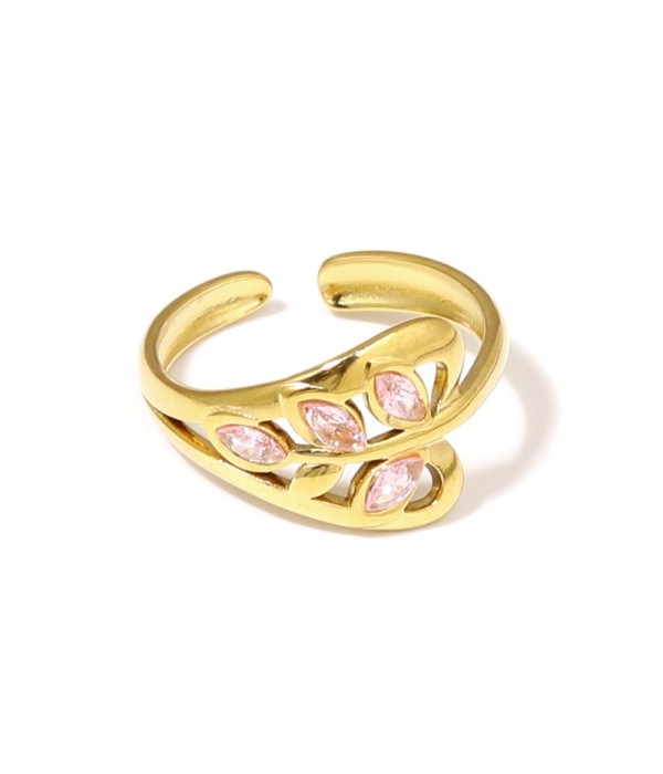 Anillo dorado de hoja con circonitas