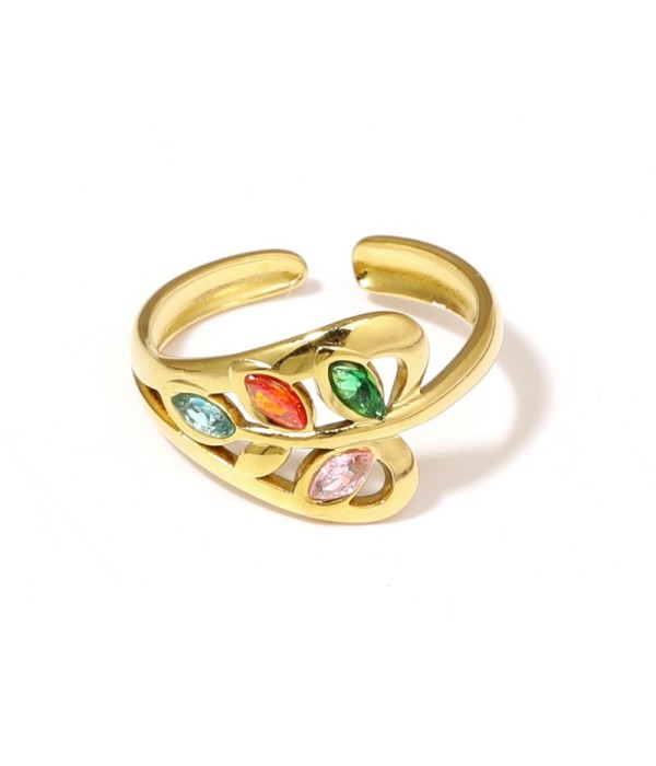 Anillo dorado de hoja con circonitas