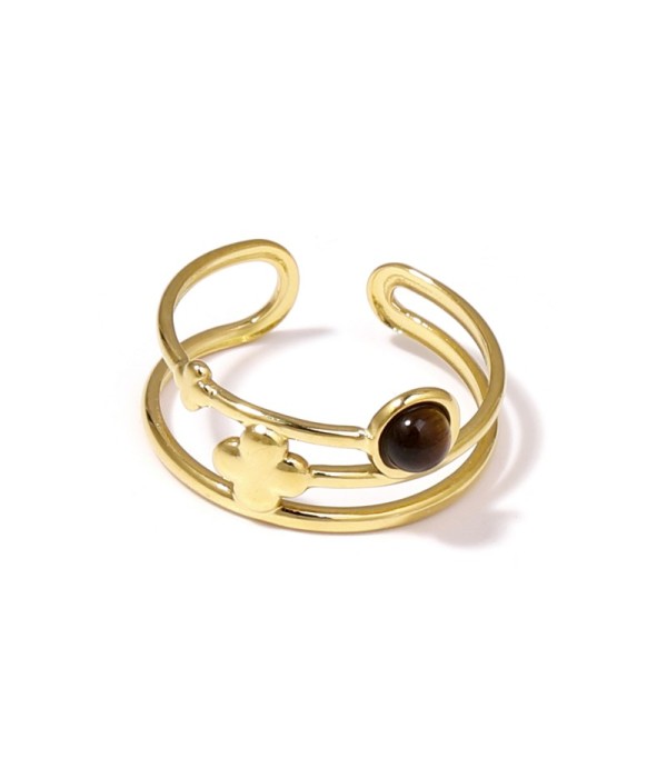 Anillo dorado con trébol de cuatro hojas y piedra