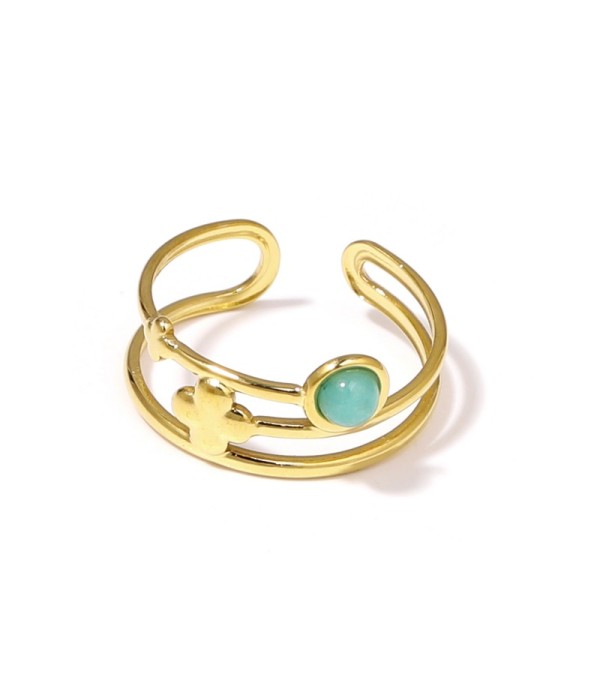 Anillo dorado con trébol de cuatro hojas y piedra