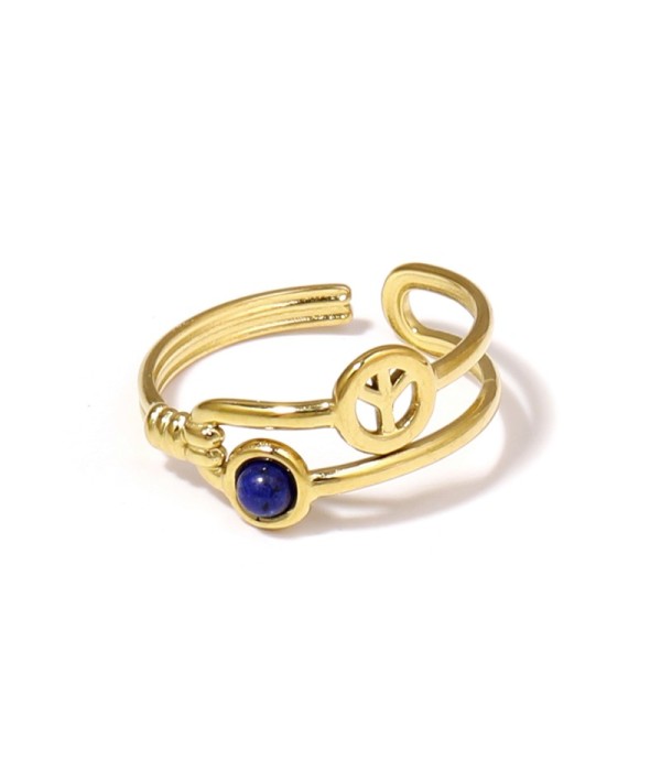 Anillo dorado con símbolo de la paz y piedra