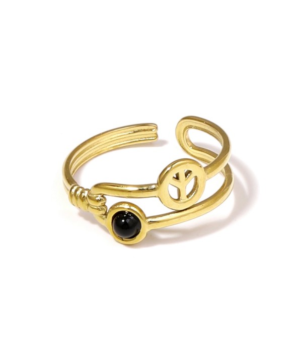 Anillo dorado con símbolo de la paz y piedra