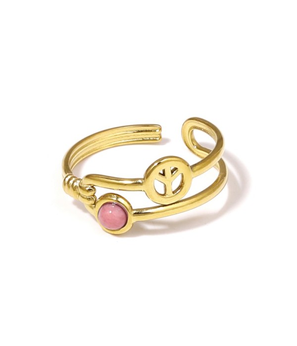 Anillo dorado con símbolo de la paz y piedra 2