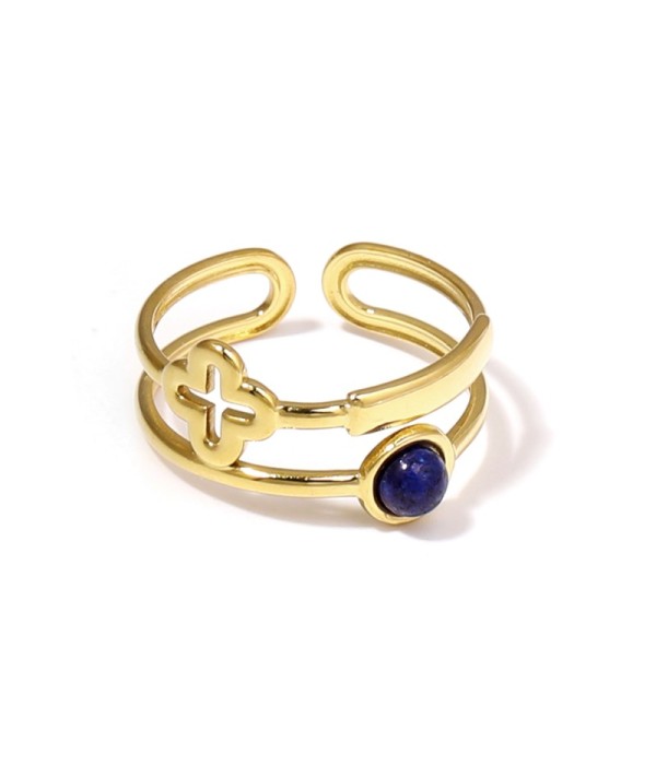 Anillo dorado con trébol de cuatro hojas calado y piedra