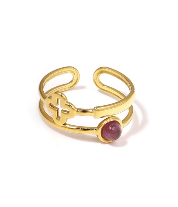 Anillo dorado con trébol de cuatro hojas calado y piedra