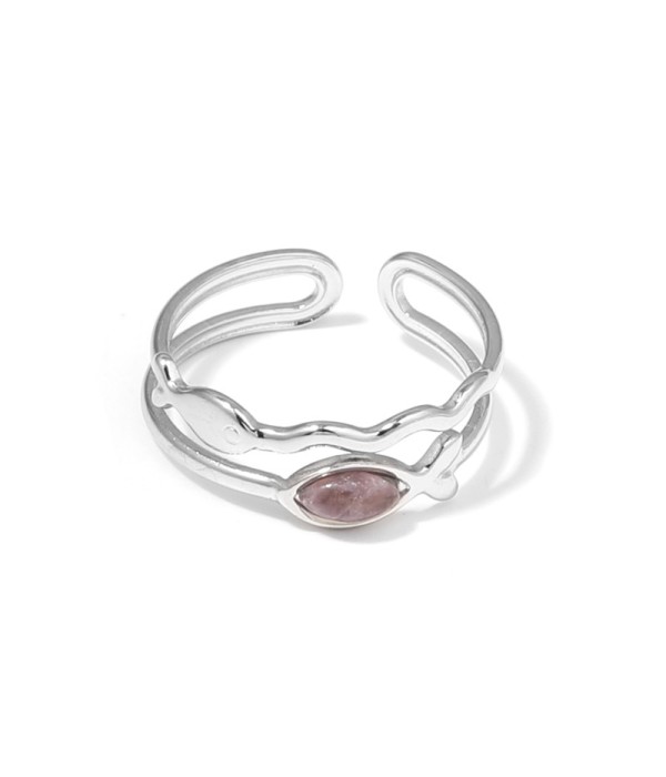Anillo plateado con siluetas de peces y piedra 2