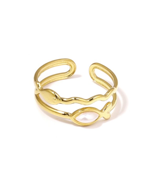 Anillo dorado con siluetas de peces y piedra