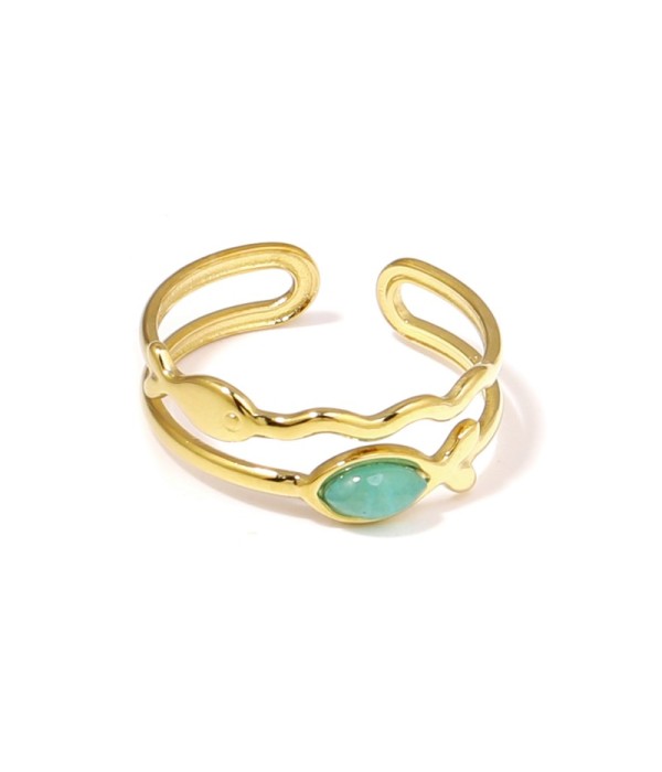 Anillo dorado con siluetas de peces y piedra