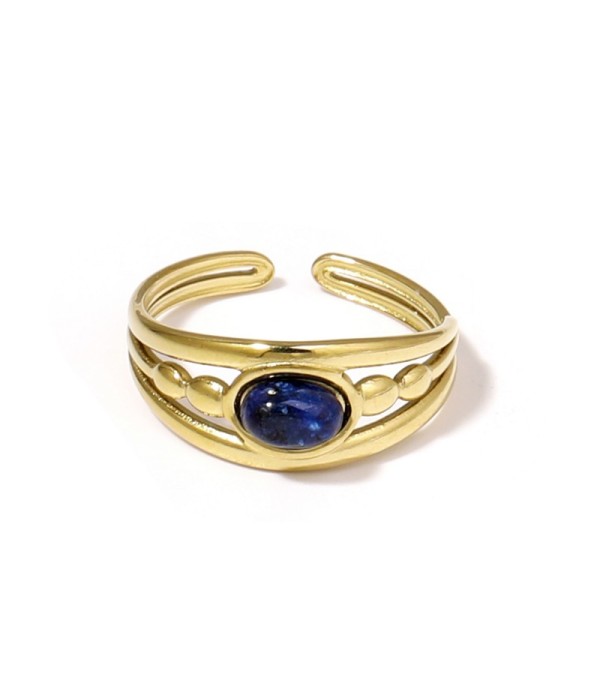 Anillo dorado con relieves ovalados y piedra ovalada
