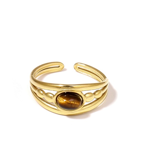 Anillo dorado con relieves ovalados y piedra ovalada