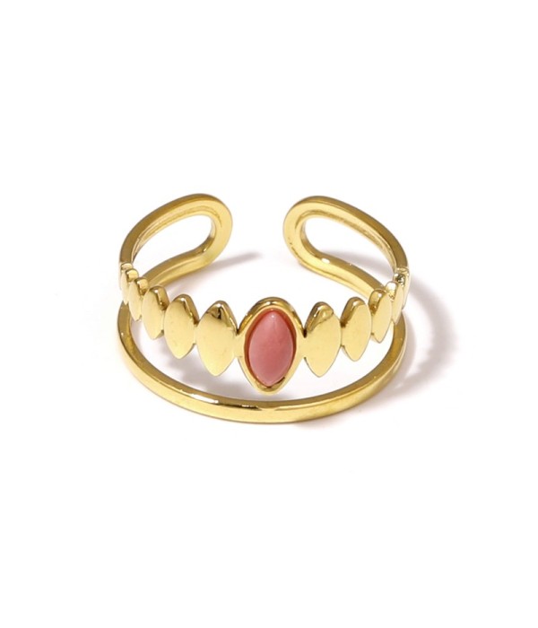 Anillo dorado con detalles ovalados y piedra...