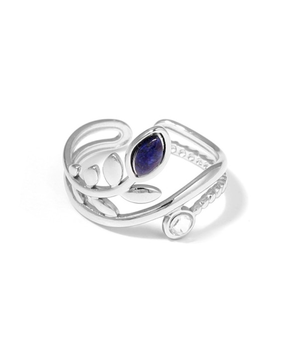 Anillo plateado con diseño de hojas, piedra y...