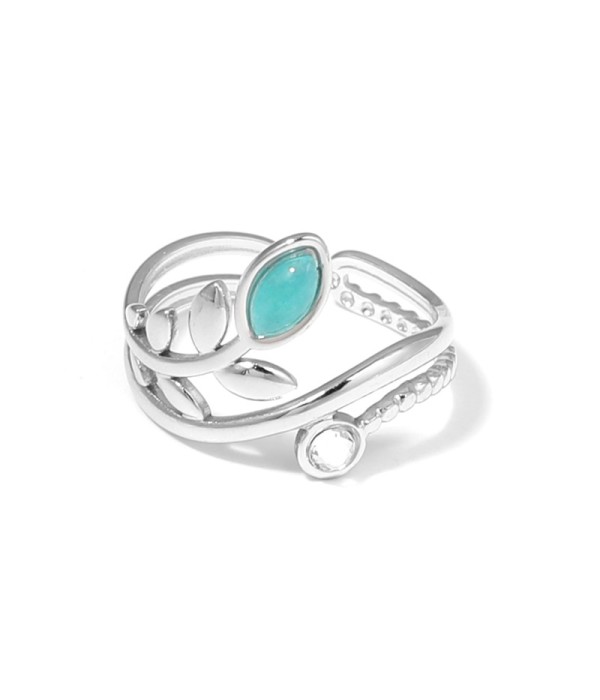 Anillo plateado con diseño de hojas, piedra y...
