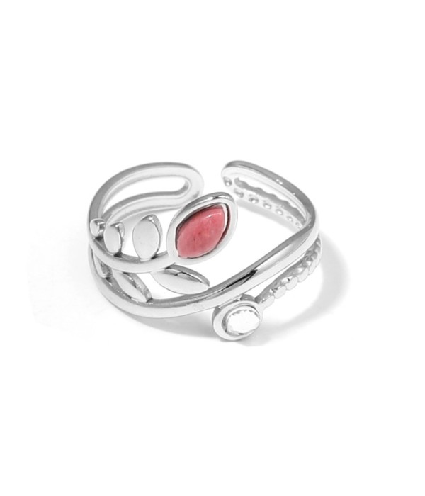 Anillo plateado con diseño de hojas, piedra y...