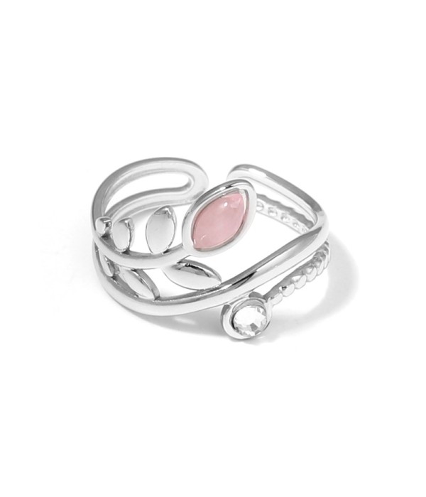 Anillo plateado con diseño de hojas, piedra y circonita