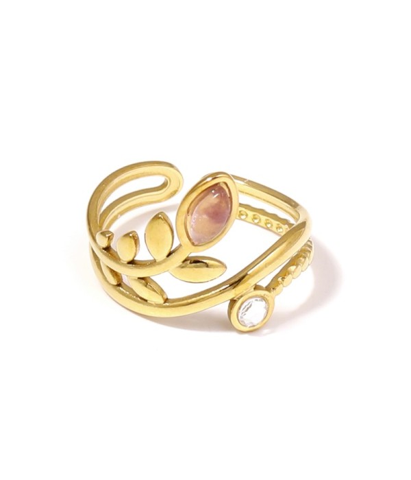 Anillo dorado con diseño de hojas, piedra y...