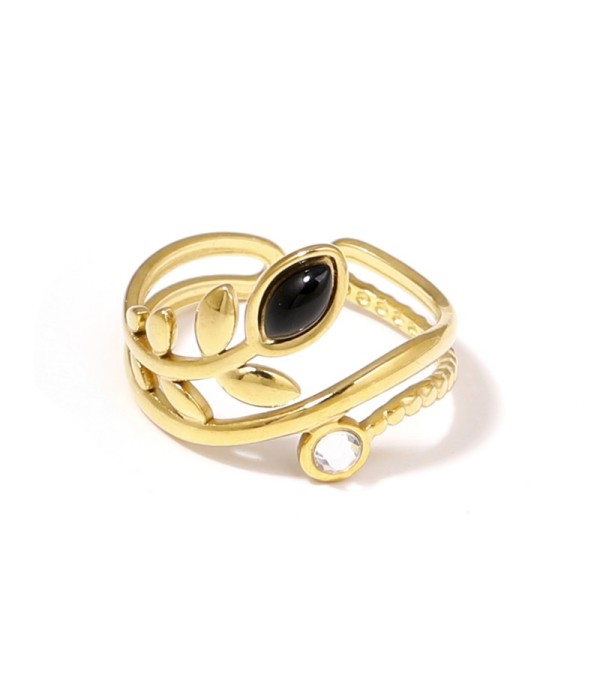 Anillo dorado con diseño de hojas, piedra y circonita