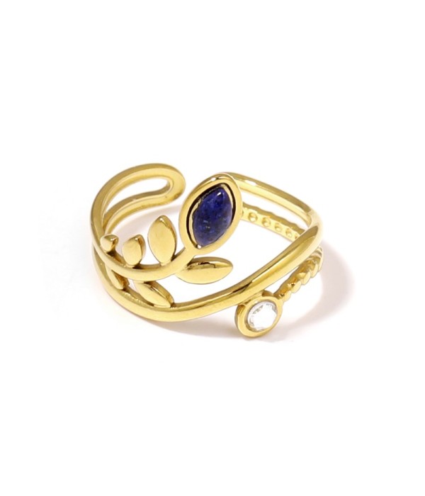 Anillo dorado con diseño de hojas, piedra y circonita