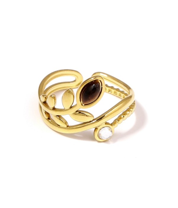 Anillo dorado con diseño de hojas, piedra y...