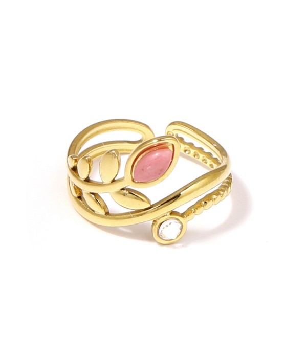 Anillo dorado con diseño de hojas, piedra y circonita