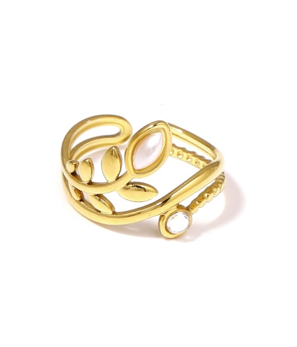 Anillo dorado con diseño de hojas, piedra y circonita