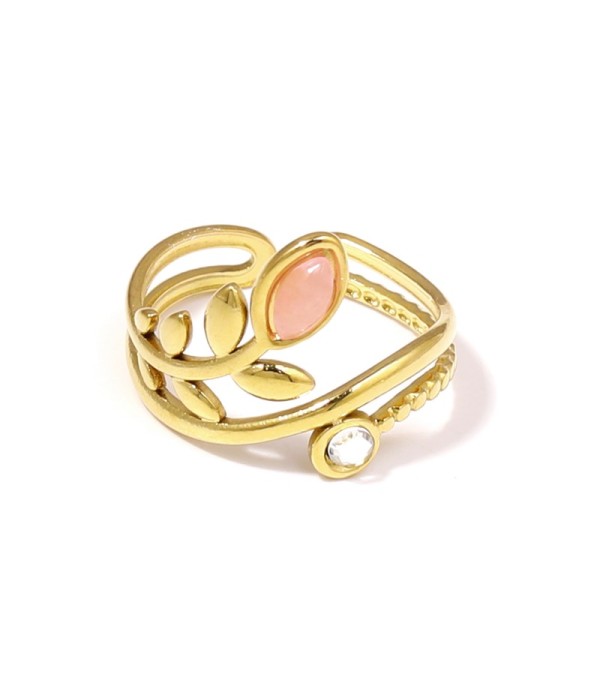 Anillo dorado con diseño de hojas, piedra y circonita