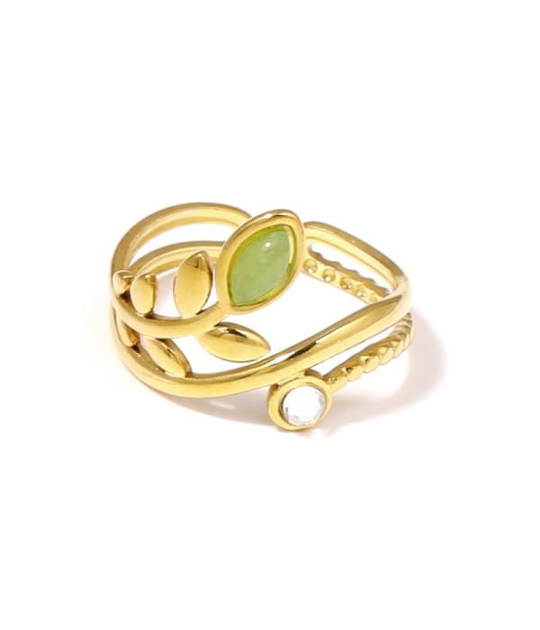 Anillo dorado con diseño de hojas, piedra y...