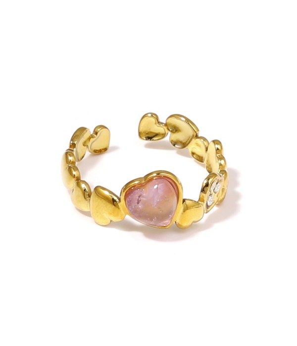 Anillo dorado con diseño de corazones, piedra y circonitas