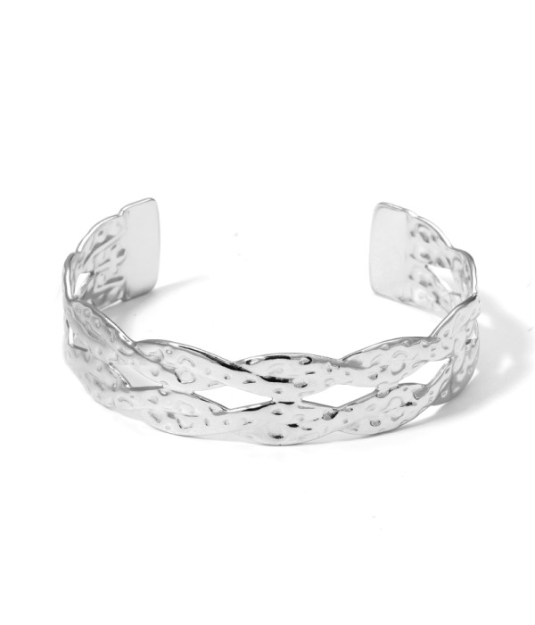 Pulsera rígida plateada de dos bandas trenzadas