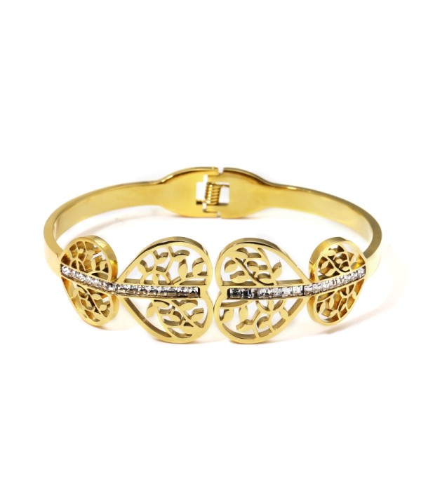 Pulsera rígida dorada calada de árbol en forma de corazón