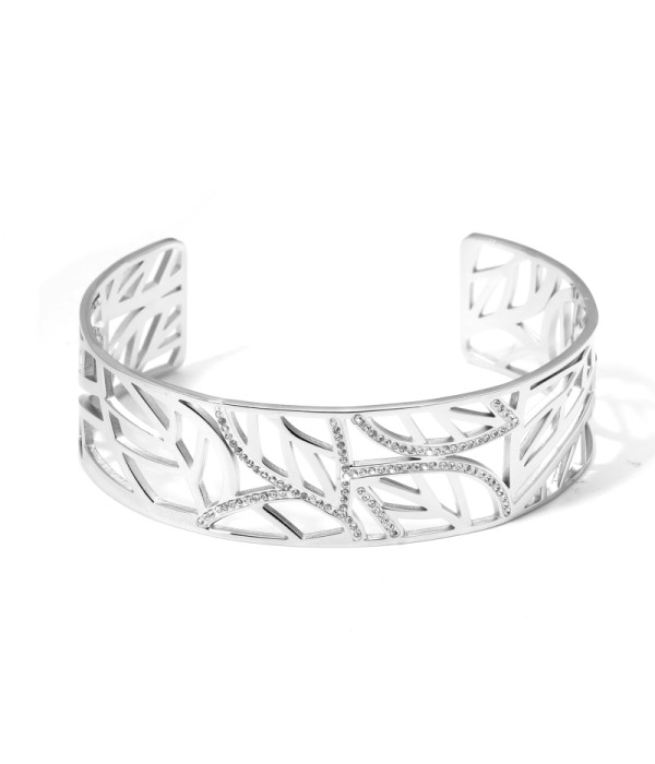 Brazalete plateado abierto calado de hojas