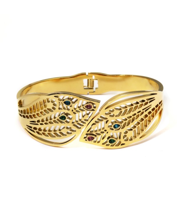 Pulsera rígida dorada calada de cola de pavo real