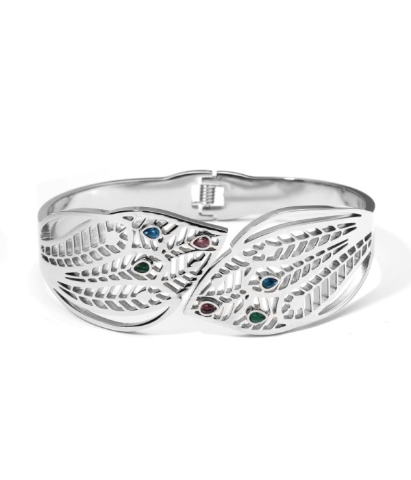 Pulsera rígida plateada calada de cola de pavo real