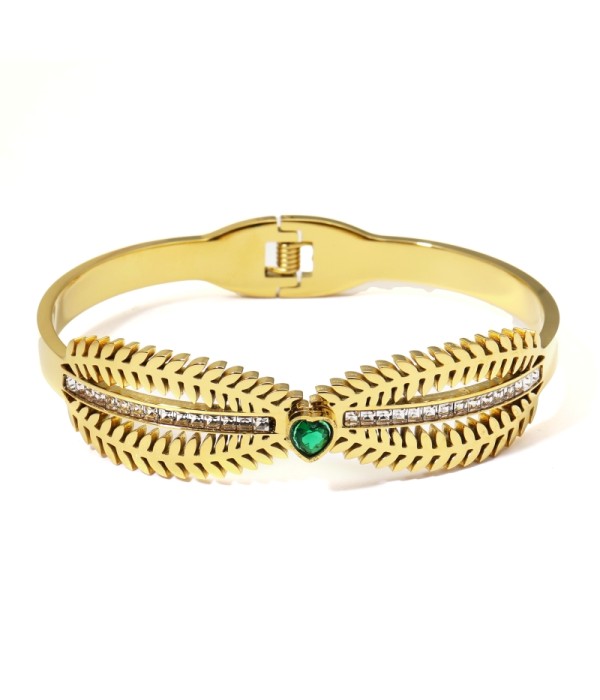 Pulsera rígida dorada con ramas de hojas