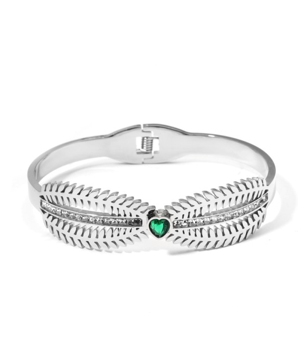 Pulsera rígida plateada con ramas de hojas