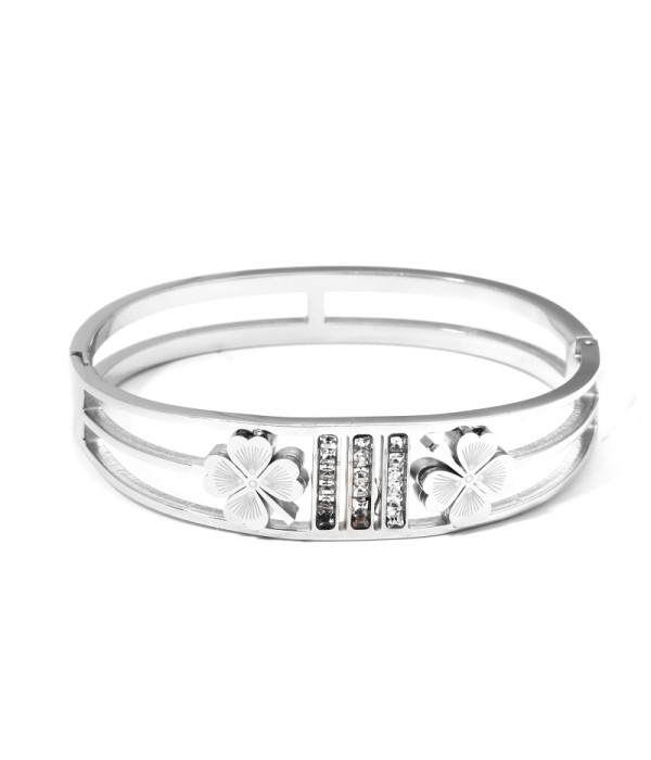 Pulsera rígida plateada de cuatro hojas de trébol